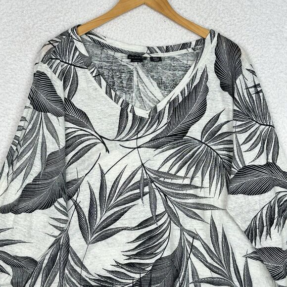 Tamari 100% Linen Palm Leaf Print Top Plus Sz 2X V-Neck 3/4 Sleeve Blouse Resort - Picture 2 of 12